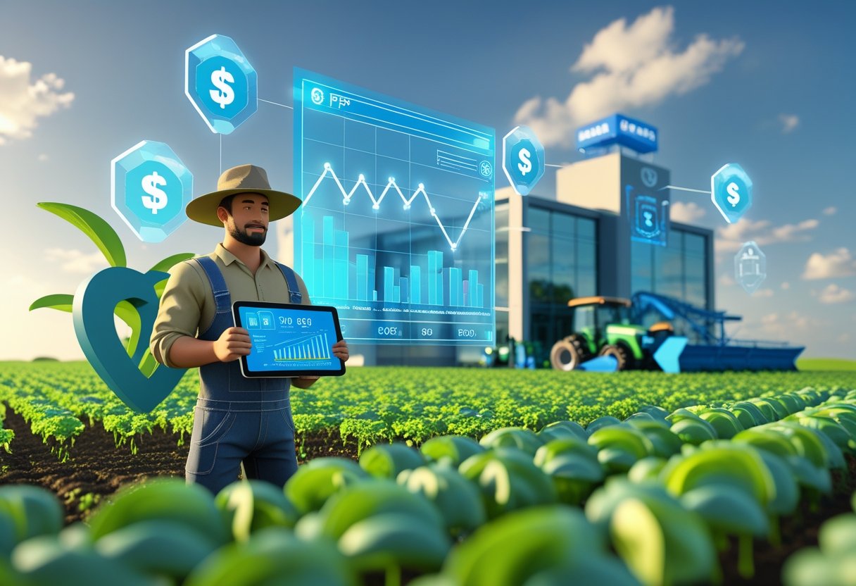garantia de preços: Um agricultor em um campo verde segurando um tablet com gráficos financeiros, com ícones holográficos de dinheiro e escudos ao redor, representando apoio financeiro e garantia de preços para produtores.