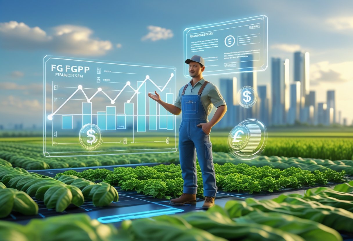 garantia de preços: Cena mostrando um agricultor em um campo verde com gráficos financeiros digitais flutuando ao redor, representando financiamento e garantia de preços para produtores.