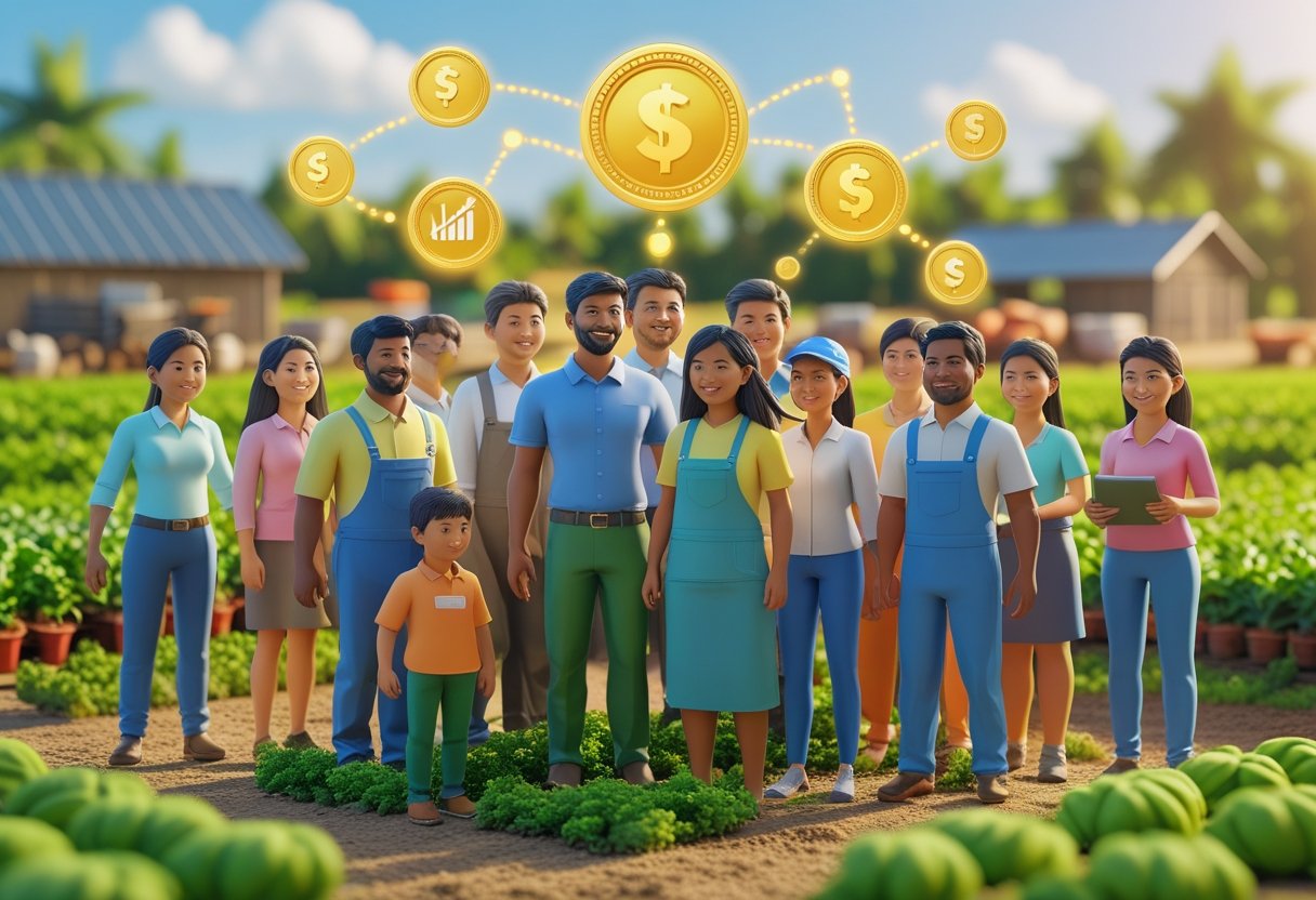 garantia de preços: Grupo diversificado de pessoas em ambiente rural com plantações e equipamentos agrícolas, simbolizando apoio financeiro e garantia de preços para produtores.