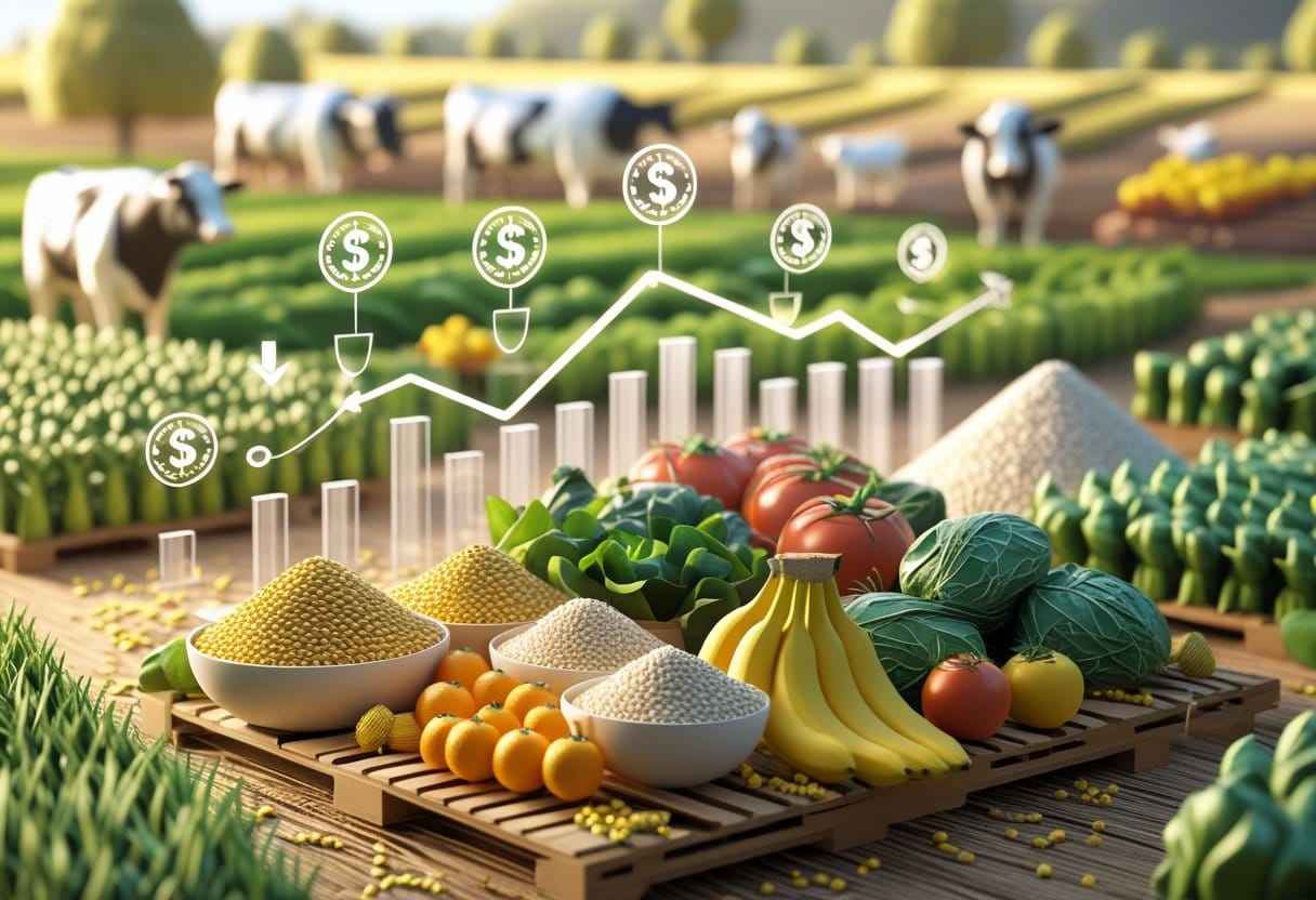 garantia de preços: Cena mostrando diversos produtos agrícolas como grãos, frutas e legumes sobre uma palete, com elementos que simbolizam apoio financeiro e proteção, além de representações de setores agrícolas como equipamentos, animais e plantações ao fundo.