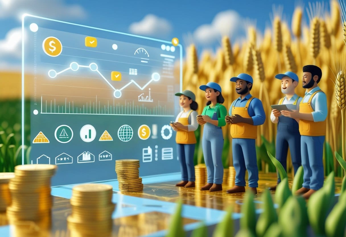 garantia de preços: Cena de uma fazenda com agricultores observando uma interface digital flutuante que simboliza financiamento e garantia de preços, com campos de cultivo e elementos financeiros integrados.