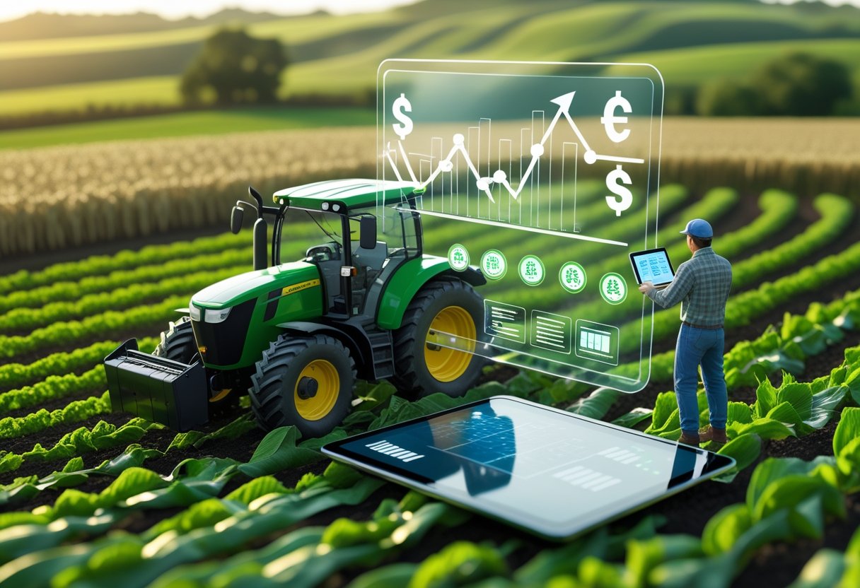 Desconto de NPR: Paisagem agrícola com campos verdes, um trator trabalhando, um agricultor usando um tablet e gráficos financeiros flutuando no ar representando o desconto de NPR no crédito rural.