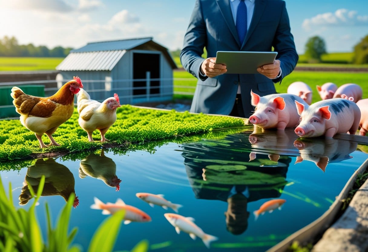 Financiamentos para custeio:: Fazendeiro inspecionando galinhas em um galpão, porcos em um curral próximo e tanques de piscicultura com peixes nadando.