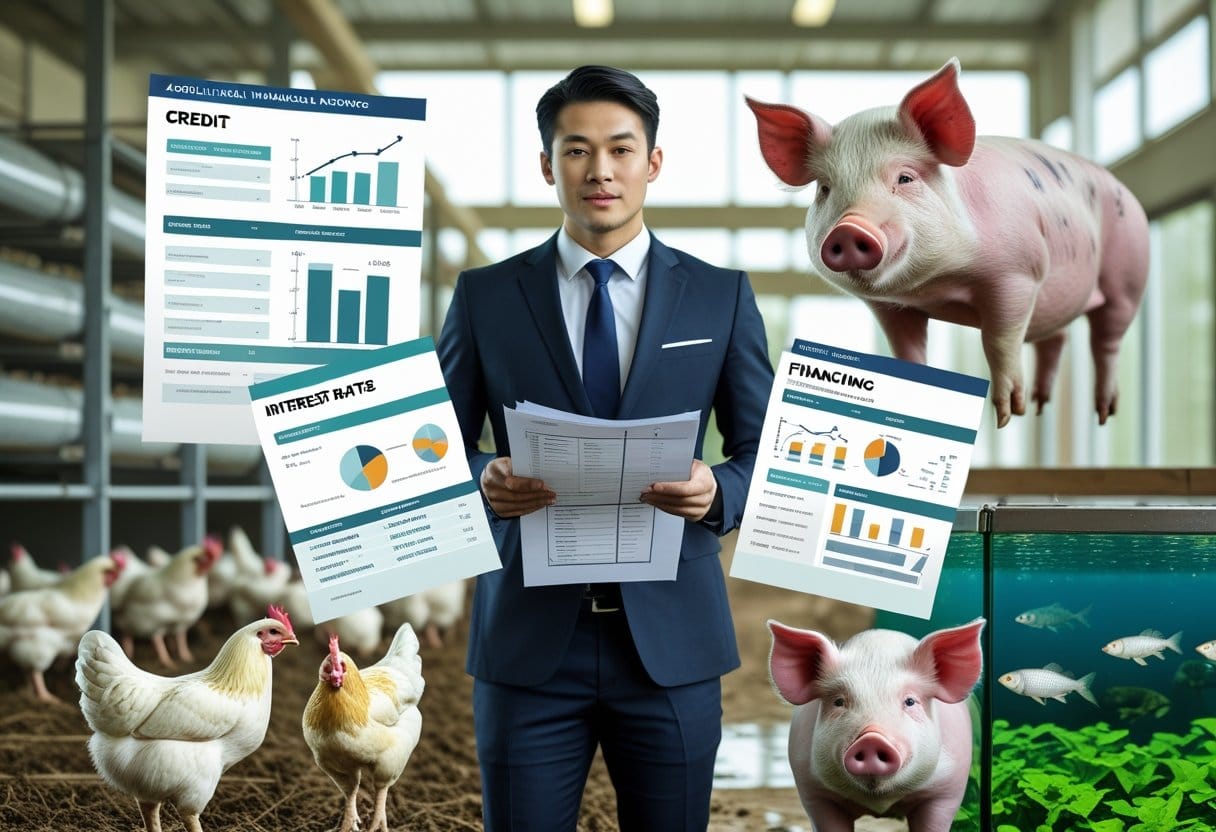Financiamentos para custeio: Pessoa revisando documentos financeiros com imagens de aves, porcos e peixes em ambientes de criação ao fundo.