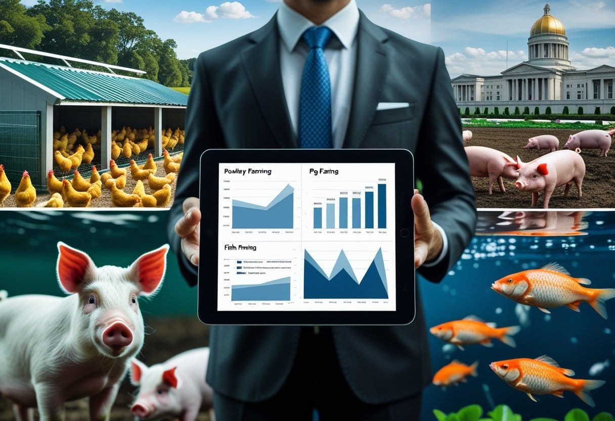 Financiamentos para custeio: Profissional em ambiente de fazenda moderna com aves, suínos e tanque de peixes, segurando um tablet com gráficos financeiros.