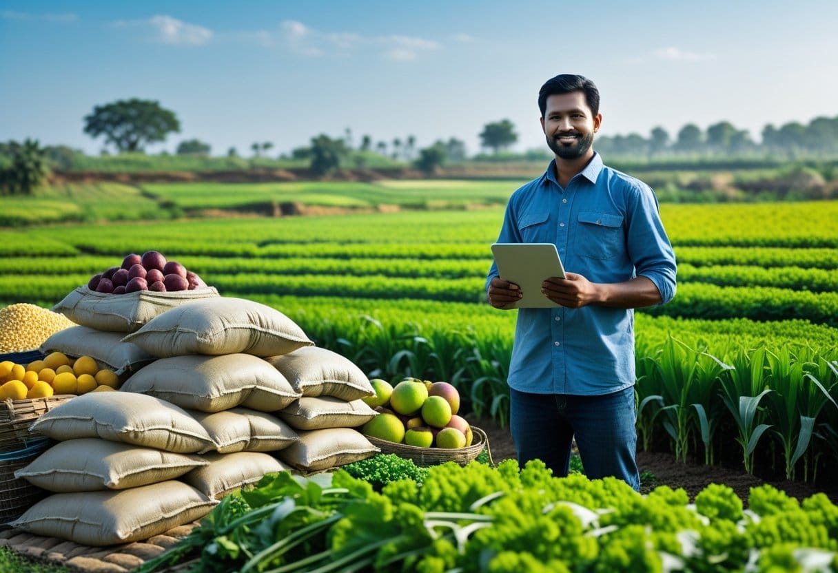 Seguro penhor rural: Um agricultor em um campo verde segurando uma prancheta, com sacos de grãos e produtos agrícolas ao redor, representando penhor rural como garantia de crédito seguro.