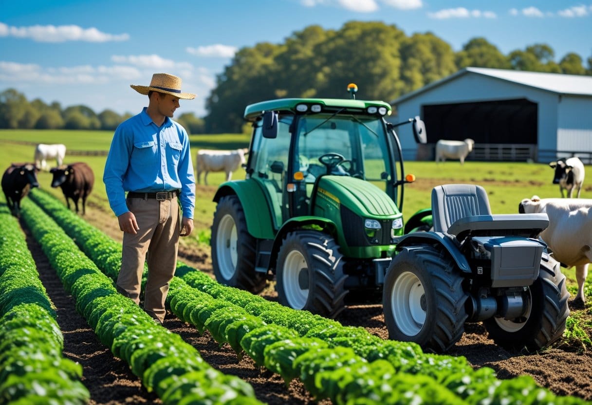 Seguro penhor rural: Fazenda rural com plantações, um agricultor inspecionando as plantas, um trator e animais pastando em um campo verde.