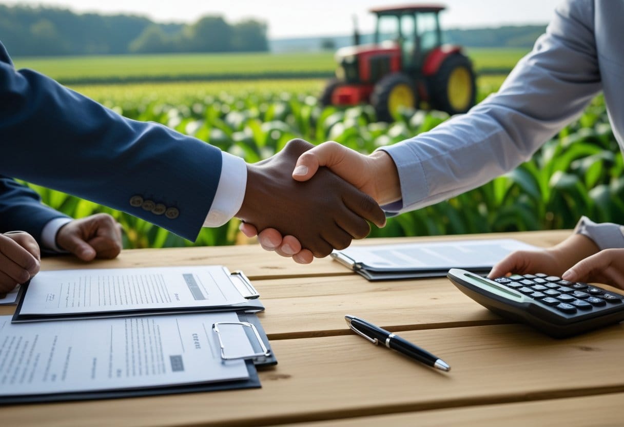 Seguro penhor rural: Duas pessoas apertando as mãos sobre uma mesa com documentos e uma calculadora, com campos agrícolas e um trator ao fundo.