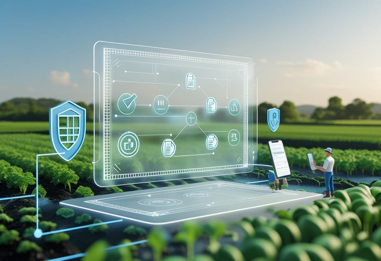 Proagro: Paisagem agrícola com campos verdes, um agricultor usando tablet e uma interface digital transparente mostrando ícones que representam regras, limites e estrutura de proteção agrícola.