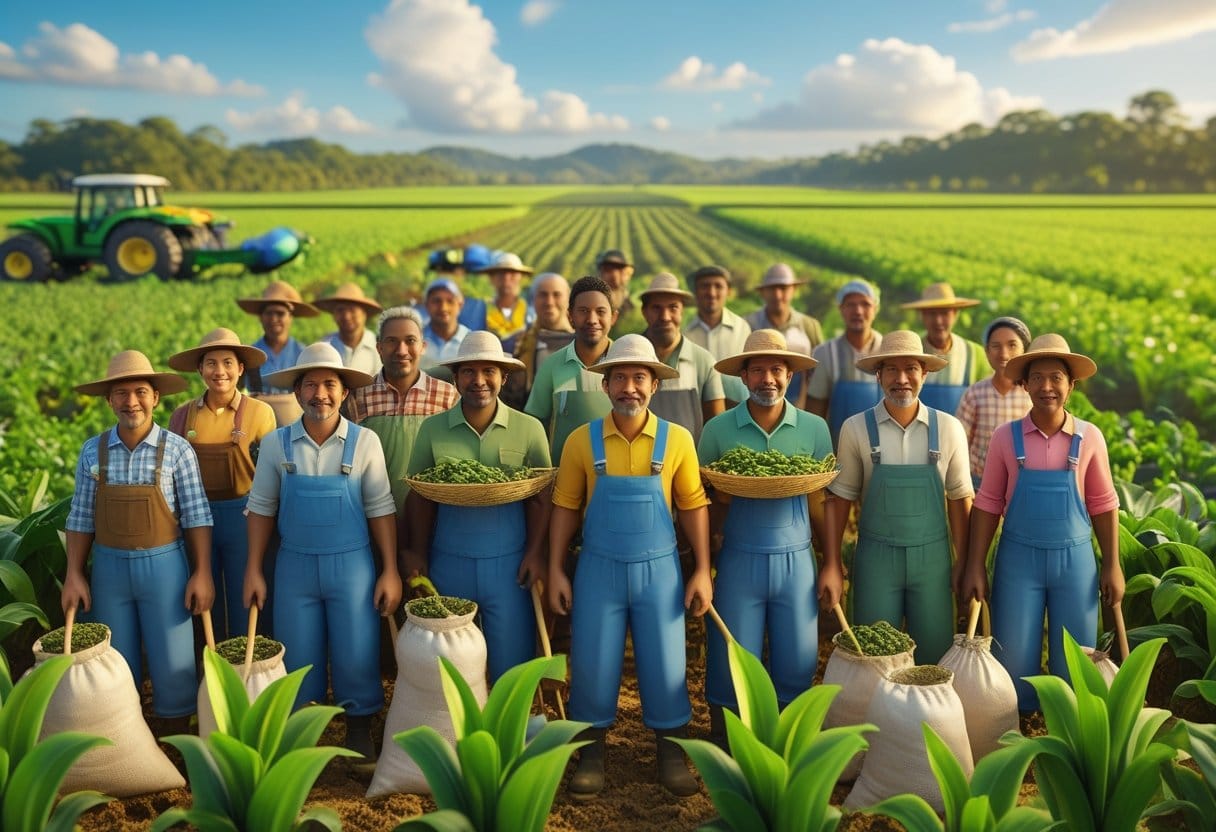 Proagro: Grupo diversificado de agricultores brasileiros em uma fazenda verde e produtiva, com ferramentas de trabalho e máquinas agrícolas ao fundo.