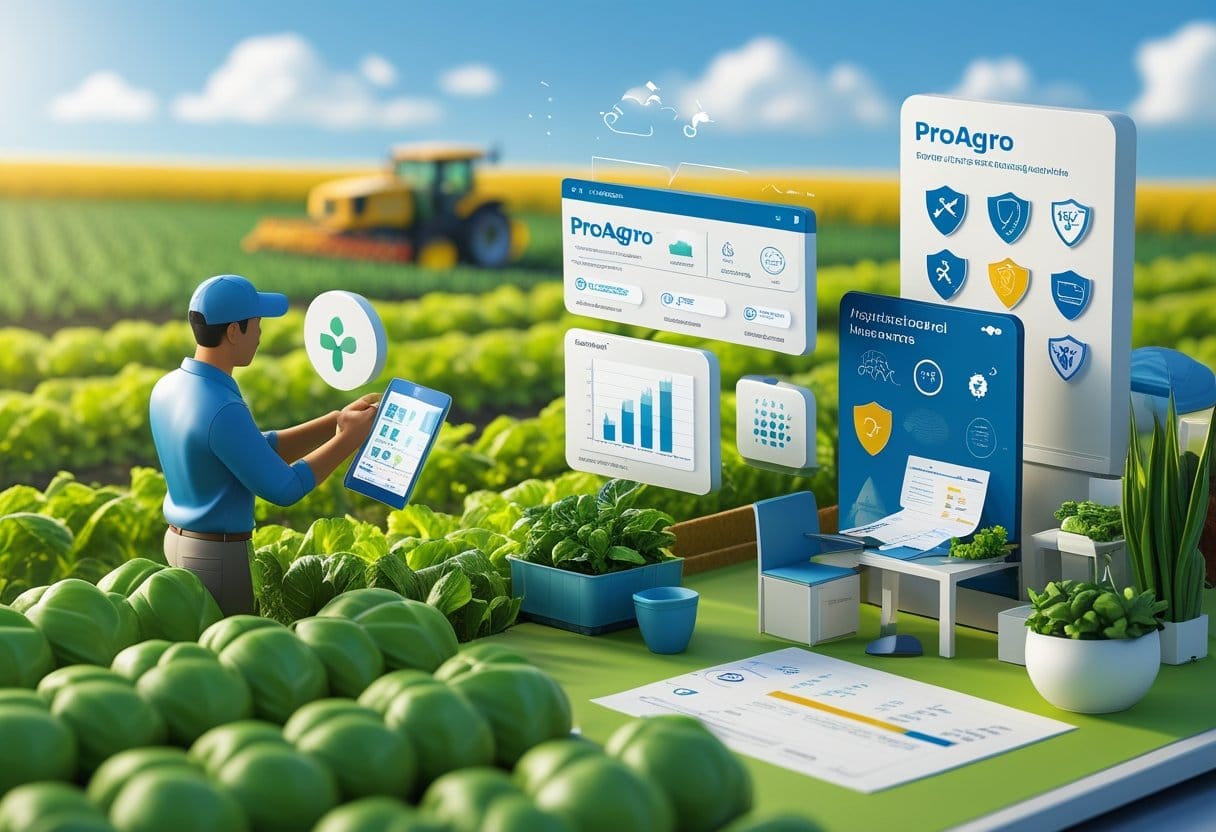 Proagro: Uma fazenda com campos verdes, um agricultor segurando um tablet mostrando dados, um agente de seguro explicando o processo, máquinas agrícolas trabalhando e um escritório com contratos sendo assinados.