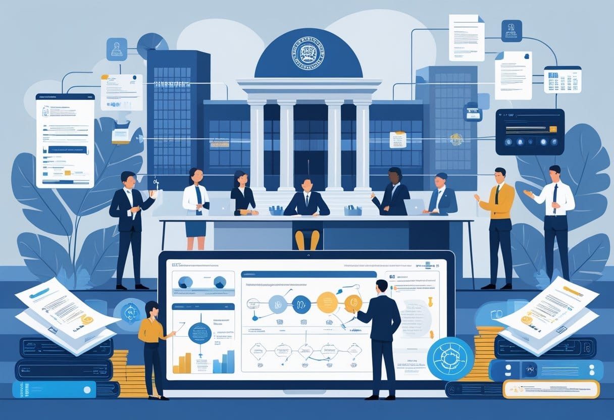 Desclassificação: Profissionais em um escritório moderno discutindo documentos e gráficos relacionados à desclassificação de operações pelo Banco Central, com o prédio do Banco Central ao fundo.