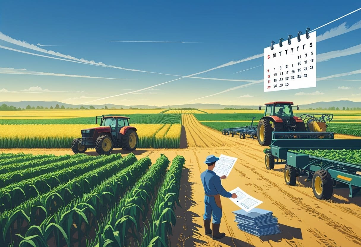 Prorrogação rural: Paisagem rural com campos de cultivo, um agricultor analisando documentos e máquinas agrícolas, simbolizando a prorrogação das operações rurais.