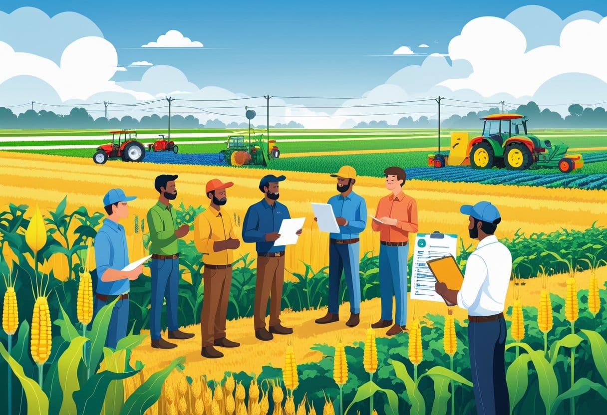 Prorrogação rural: Agricultores em campo discutindo com um assessor agrícola, cercados por plantações e equipamentos agrícolas, simbolizando operações rurais e planejamento para prorrogação.