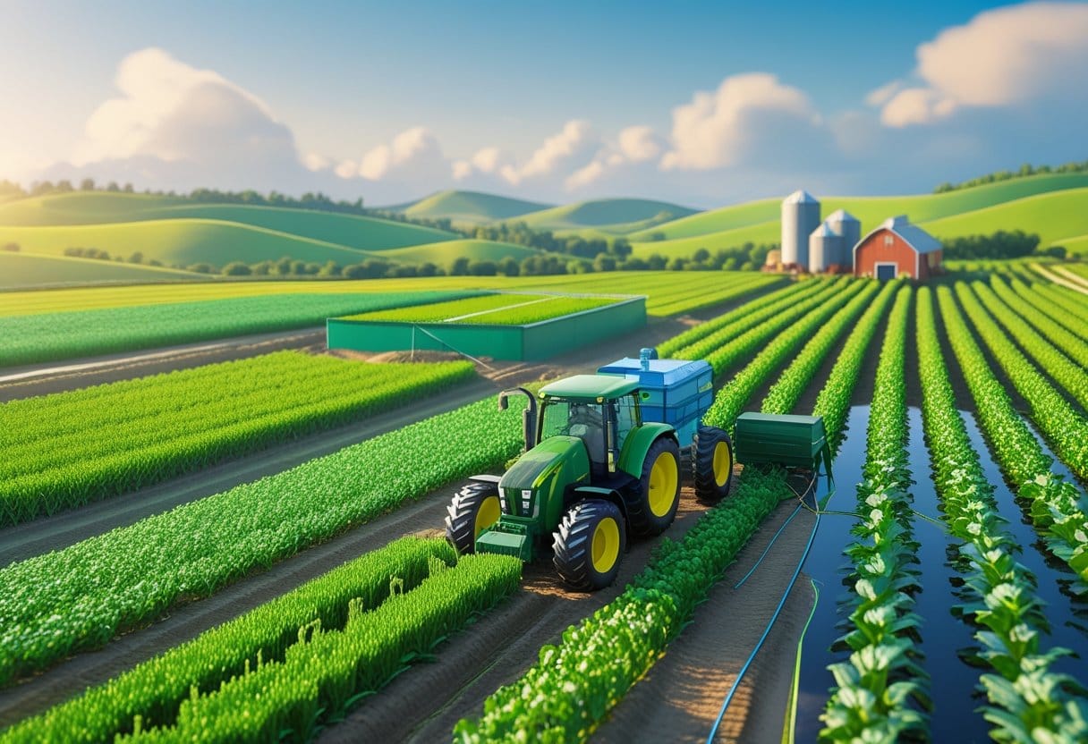 FCO Agropecuário: Paisagem agrícola com campos verdes, trator moderno trabalhando, sistema de irrigação, colinas suaves e construções rurais ao fundo.