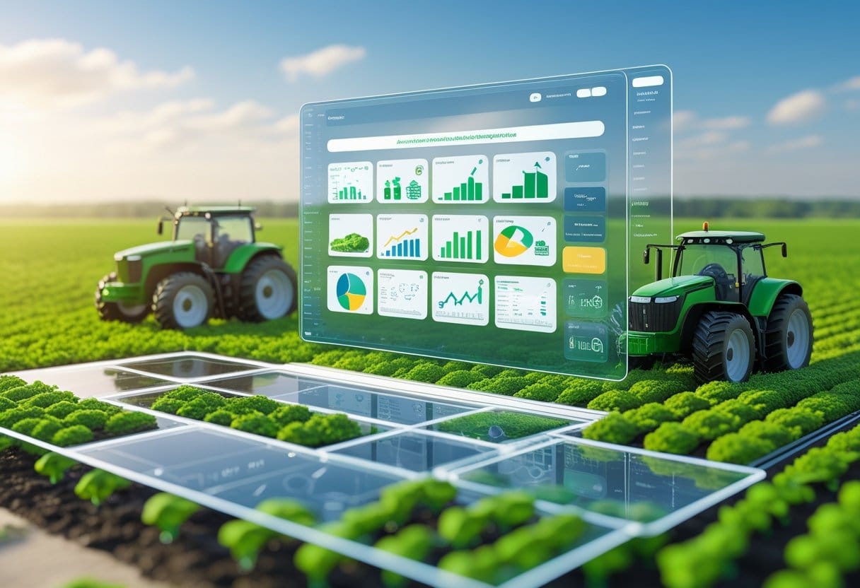 FCO Agropecuário: Paisagem rural com campos verdes, equipamentos agrícolas e uma interface digital mostrando gráficos financeiros relacionados ao financiamento agrícola.