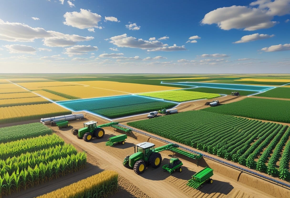 FCO Agropecuário: Paisagem agrícola com campos cultivados, máquinas agrícolas trabalhando, estradas rurais e um mapa digital mostrando áreas de cobertura agrícola.