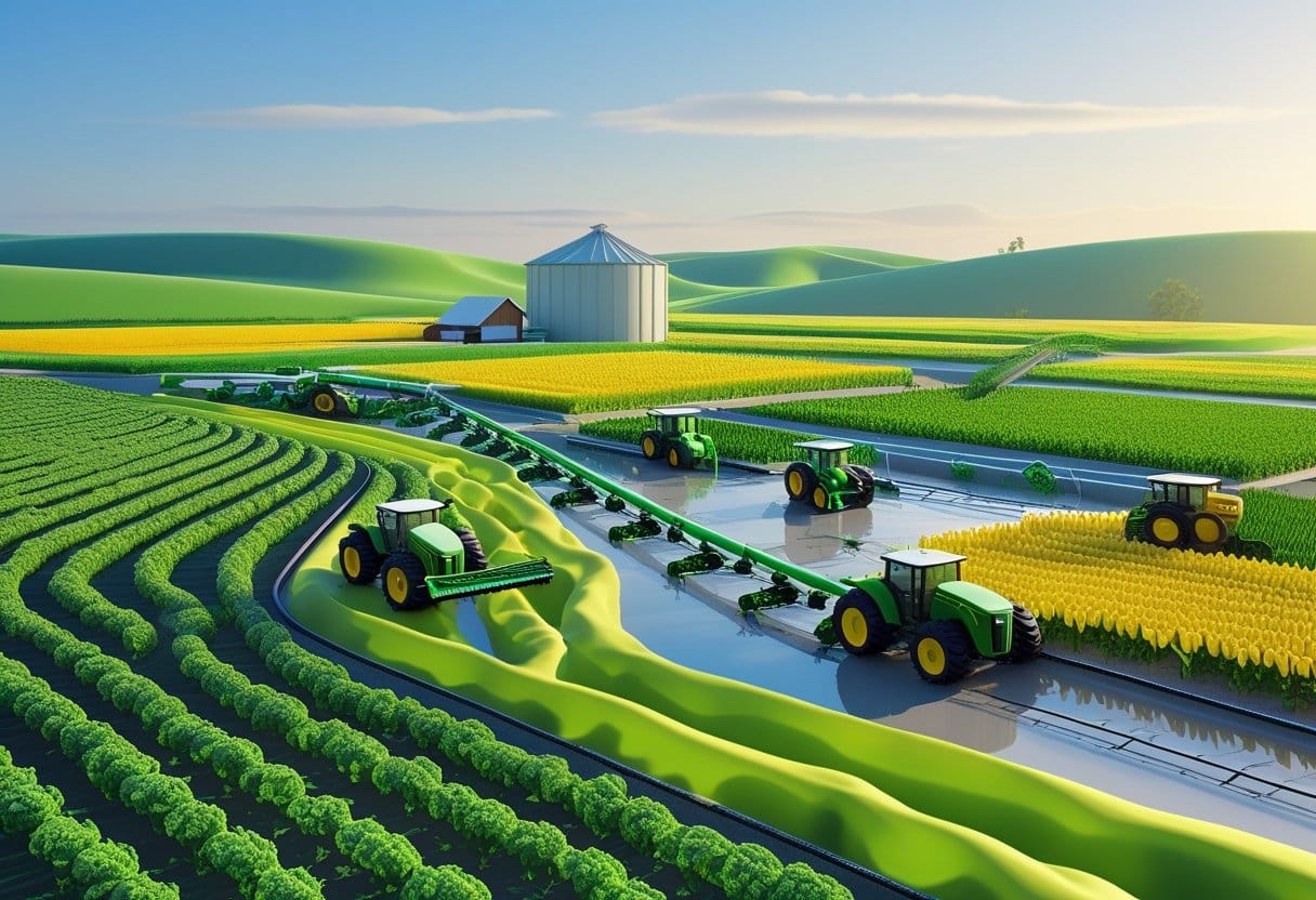 FCO Agropecuário: Paisagem agrícola com campos cultivados, máquinas agrícolas trabalhando e estruturas de armazenamento ao fundo.