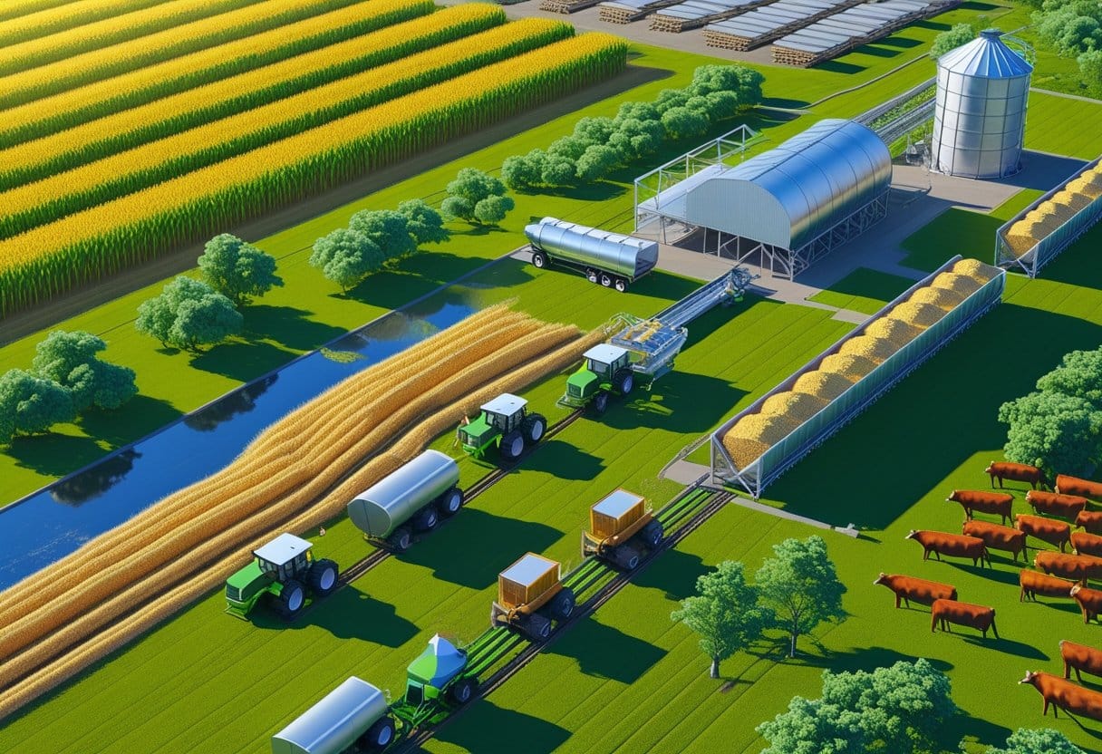 FCO Agropecuário: Cena de uma fazenda com plantações, máquinas agrícolas, gado pastando, silos e caminhões em um ambiente rural.