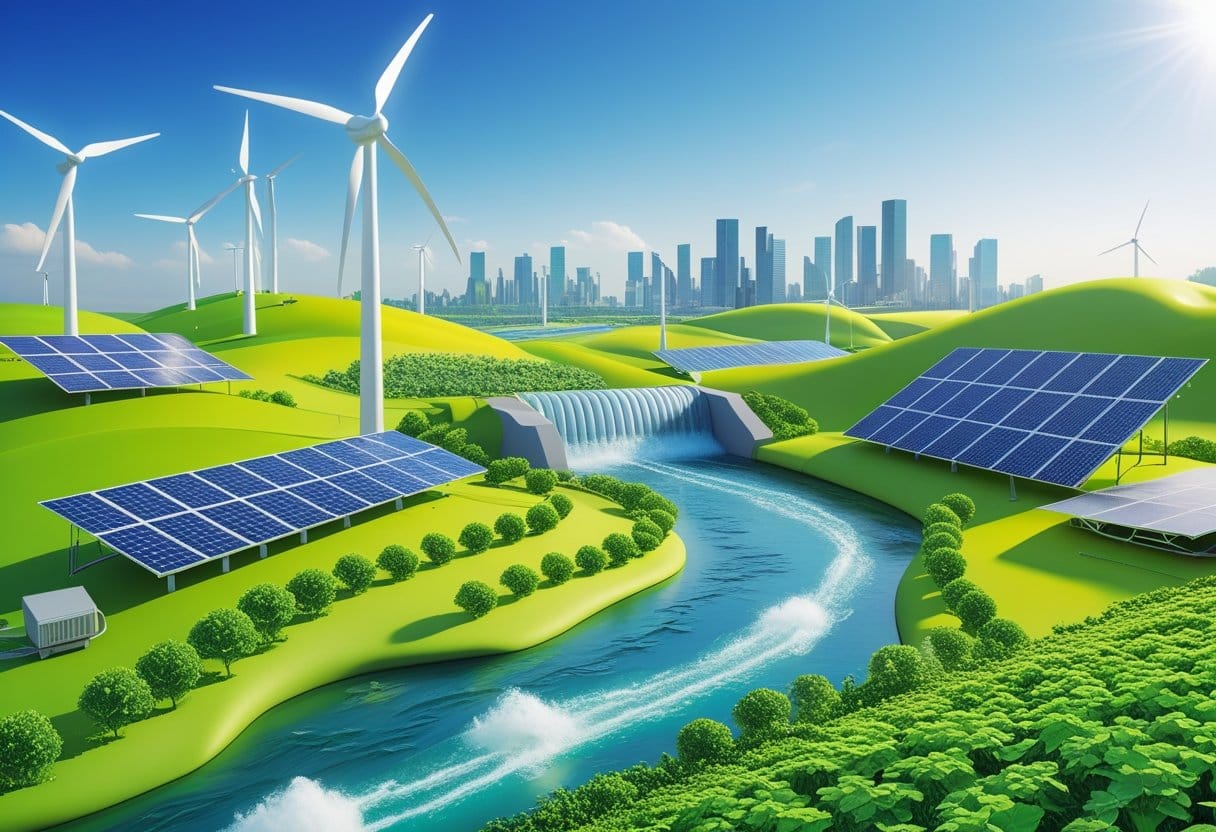 Energias renováveis: Paisagem com turbinas eólicas, painéis solares, uma pequena usina hidrelétrica e plantações de biomassa, com uma cidade ao fundo, representando fontes de energias renováveis.