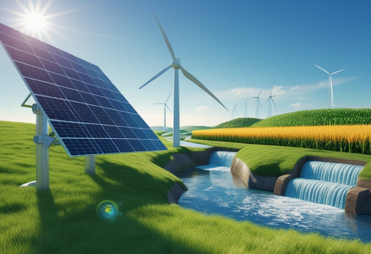 Energias renováveis: Paisagem natural mostrando painéis solares, turbina eólica, barragem hidrelétrica e plantações de biomassa representando os principais tipos de energias renováveis.