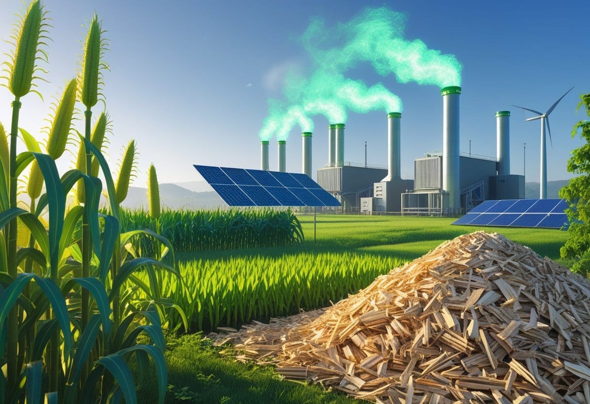 Energias renováveis: Campo verde com plantas usadas para biomassa, pilhas de cavacos de madeira e usinas de biomassa ao fundo produzindo energia limpa sob um céu azul claro.