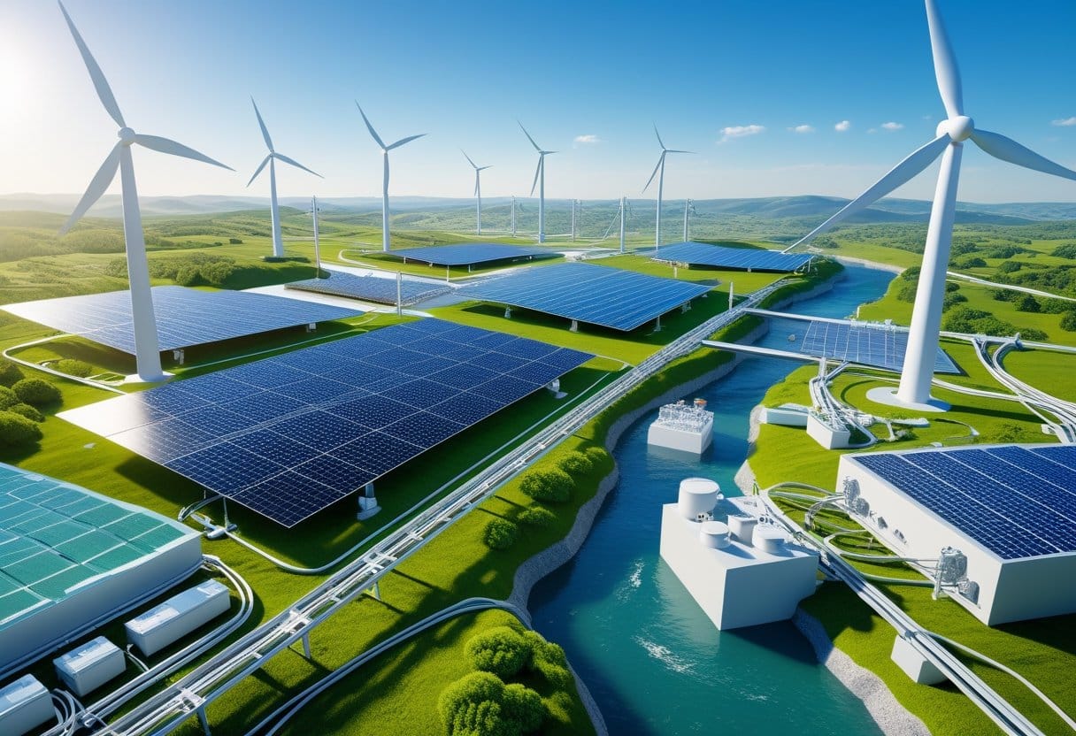 Paisagem com turbinas eólicas, painéis solares, uma usina hidrelétrica e equipamentos tecnológicos para energias renováveis em um ambiente verde e ensolarado.