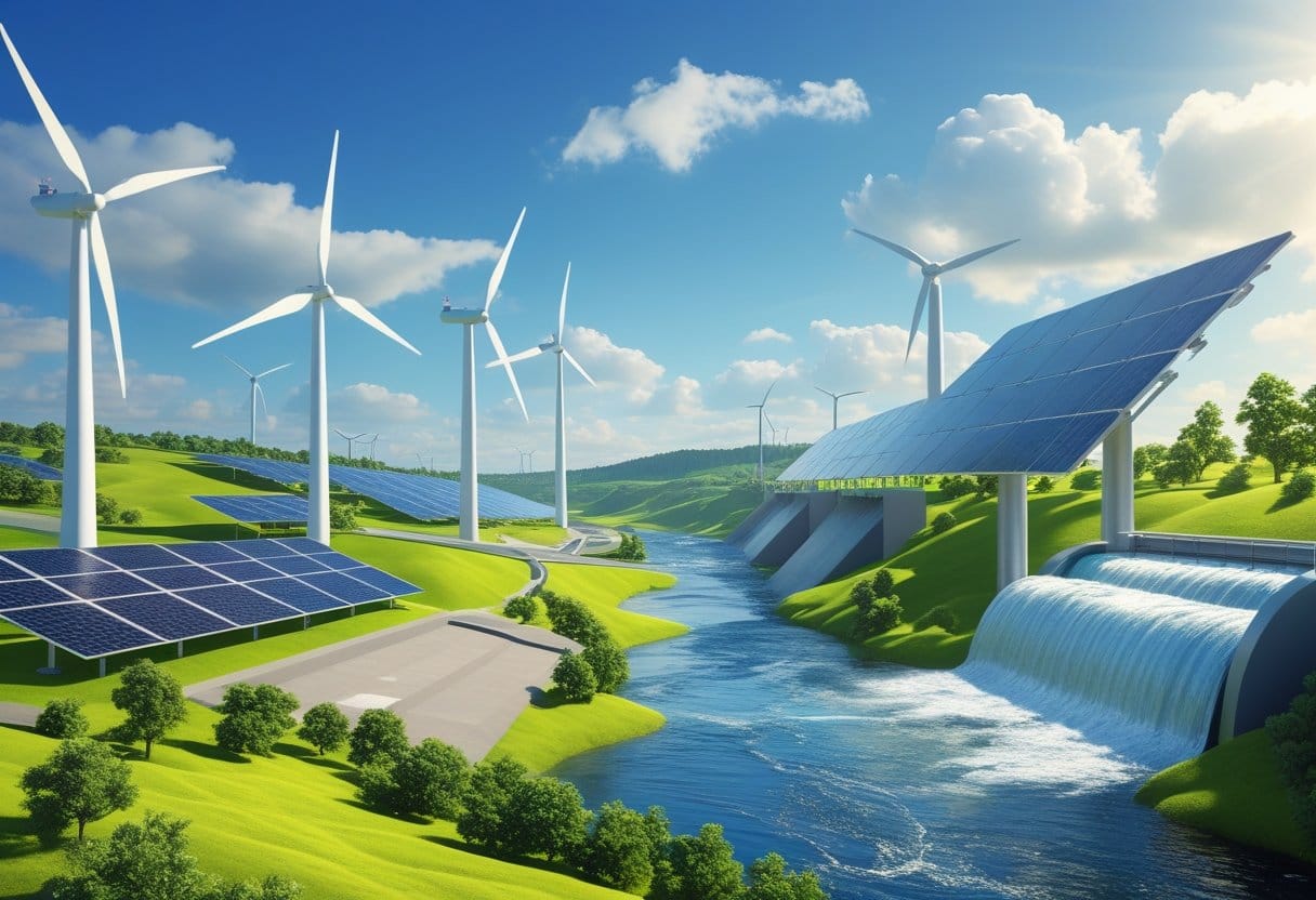 Energias renováveis: Paisagem com turbinas eólicas, painéis solares e uma barragem hidrelétrica em meio a colinas verdes e céu azul.