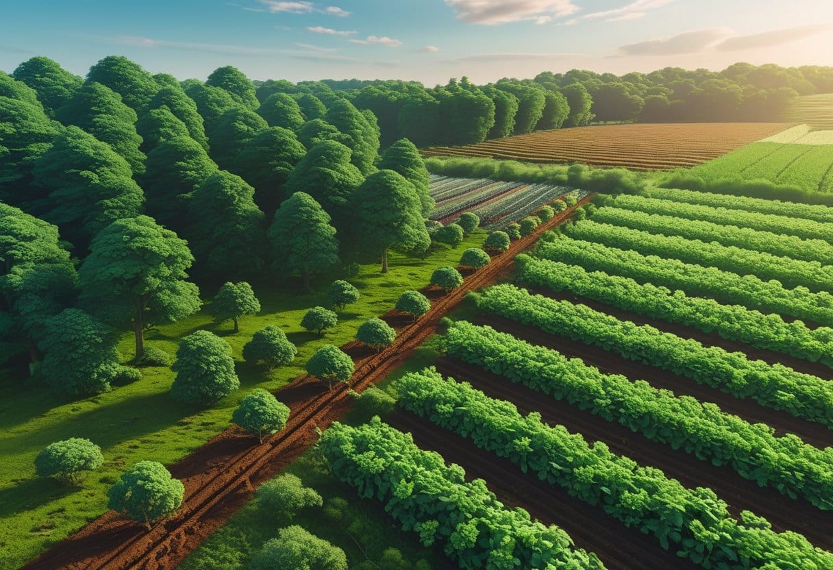 Reflorestamento: Floresta densa ao lado de campos agrícolas cultivados, com mudas sendo plantadas para reflorestamento, mostrando a relação entre florestas e agronegócio.