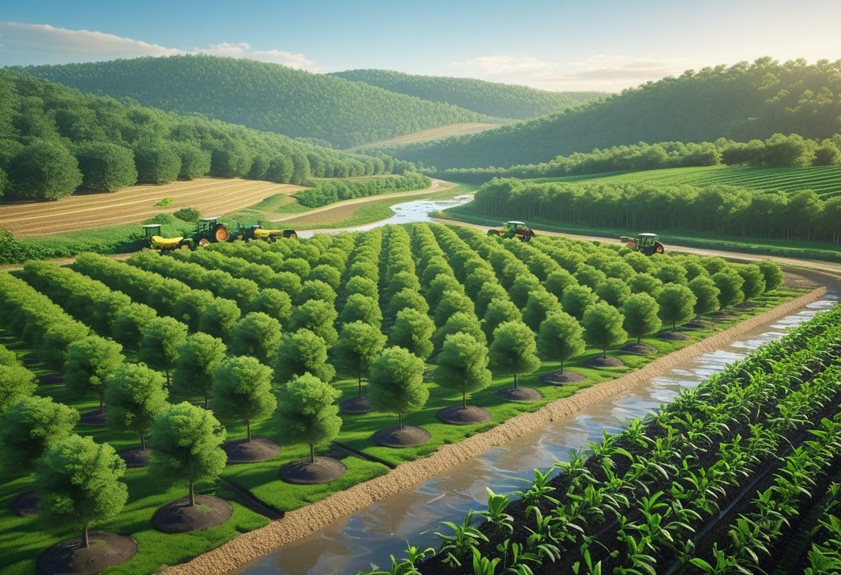Reflorestamento: Paisagem com árvores jovens e plantações agrícolas lado a lado, mostrando a integração entre reflorestamento e agronegócio, com um bosque ao fundo e um pequeno riacho.