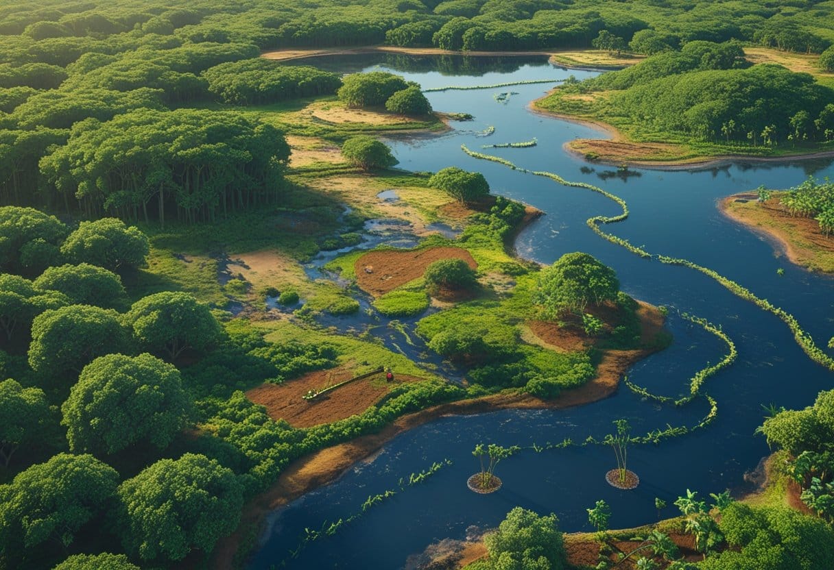 Reflorestamento: Imagem mostrando as principais regiões florestais e biomas do Brasil, com diferentes tipos de vegetação e áreas de reflorestamento para o agronegócio.