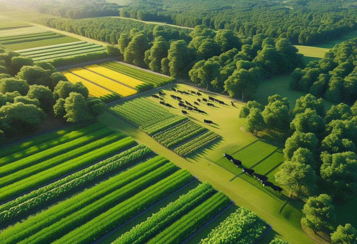 Reflorestamento: Paisagem mostrando campos agrícolas, áreas com gado pastando e florestas densas integradas em um sistema agroflorestal sustentável.