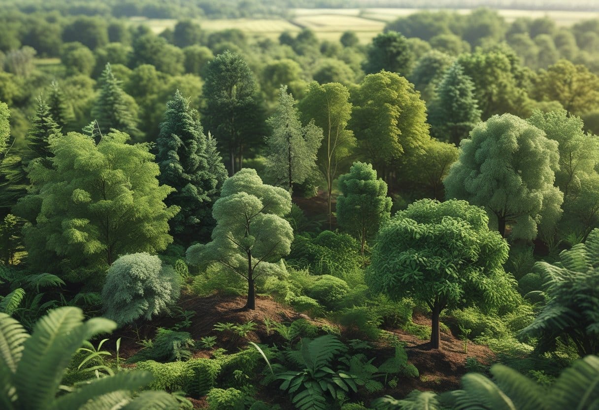 Reflorestamento: Cena de uma floresta densa com várias espécies de árvores em diferentes estágios de crescimento, mostrando a integração da floresta com áreas agrícolas ao fundo.