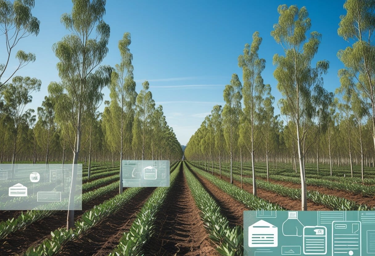 Eucalipto: Plantação de eucalipto com árvores jovens alinhadas e elementos sutis que representam linhas de crédito, em um ambiente agrícola sob céu azul.