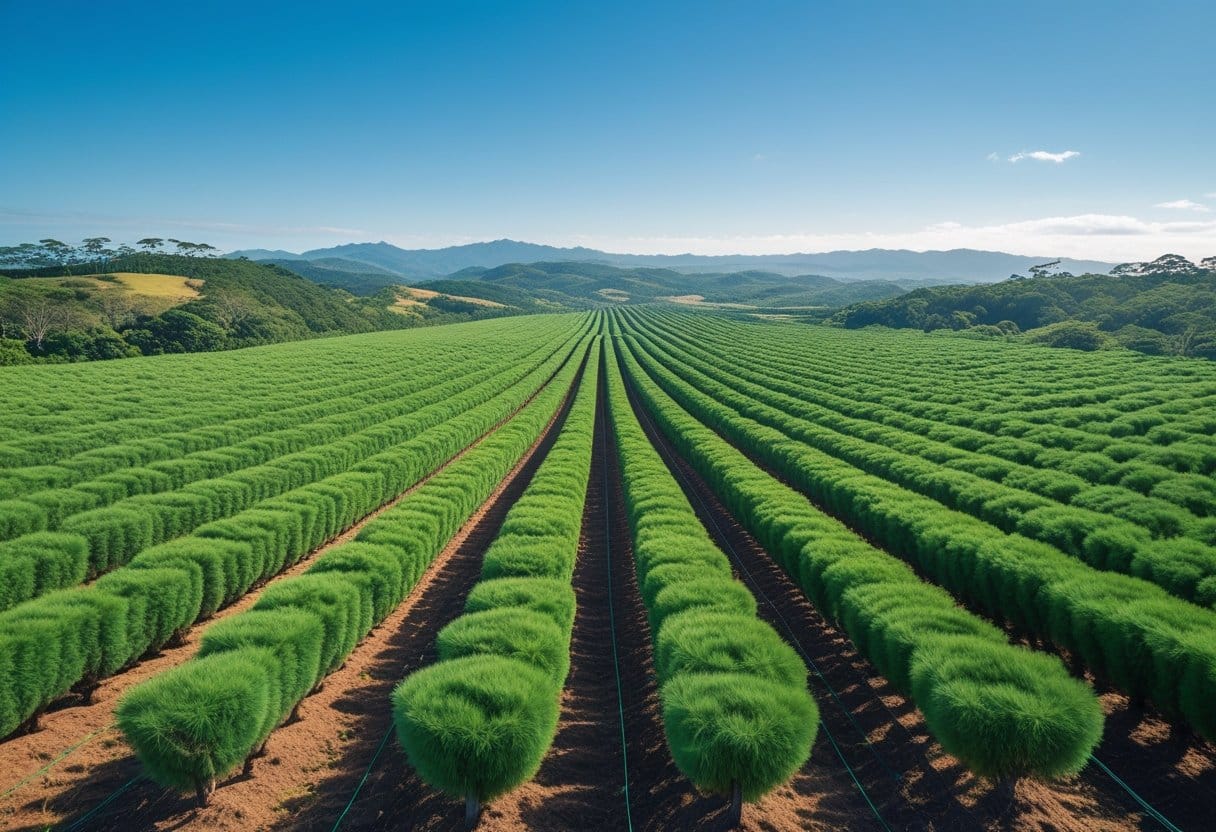 Eucalipto: Panorama de plantação de eucalipto no Brasil com fileiras organizadas de árvores jovens sob céu azul.