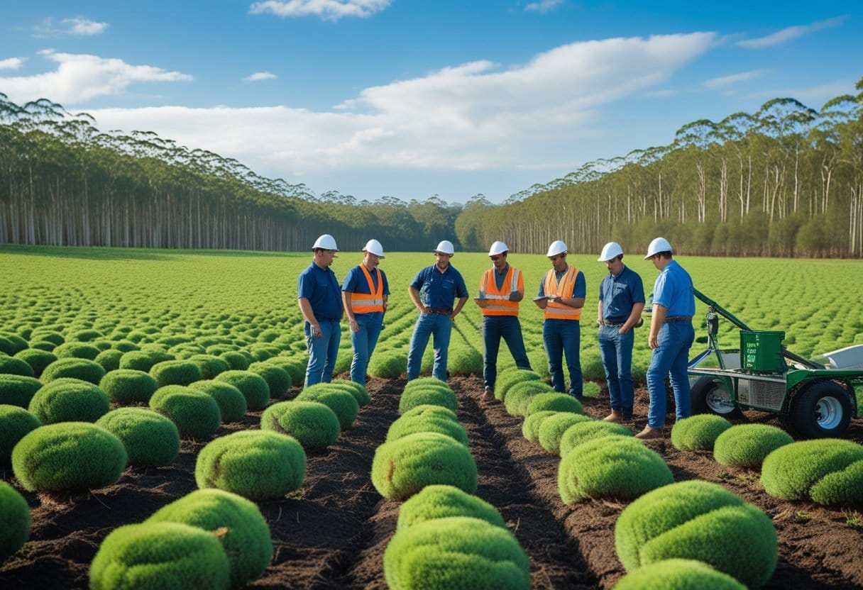 Eucalipto: Agricultores examinando mudas de eucalipto em uma plantação extensa sob céu azul.