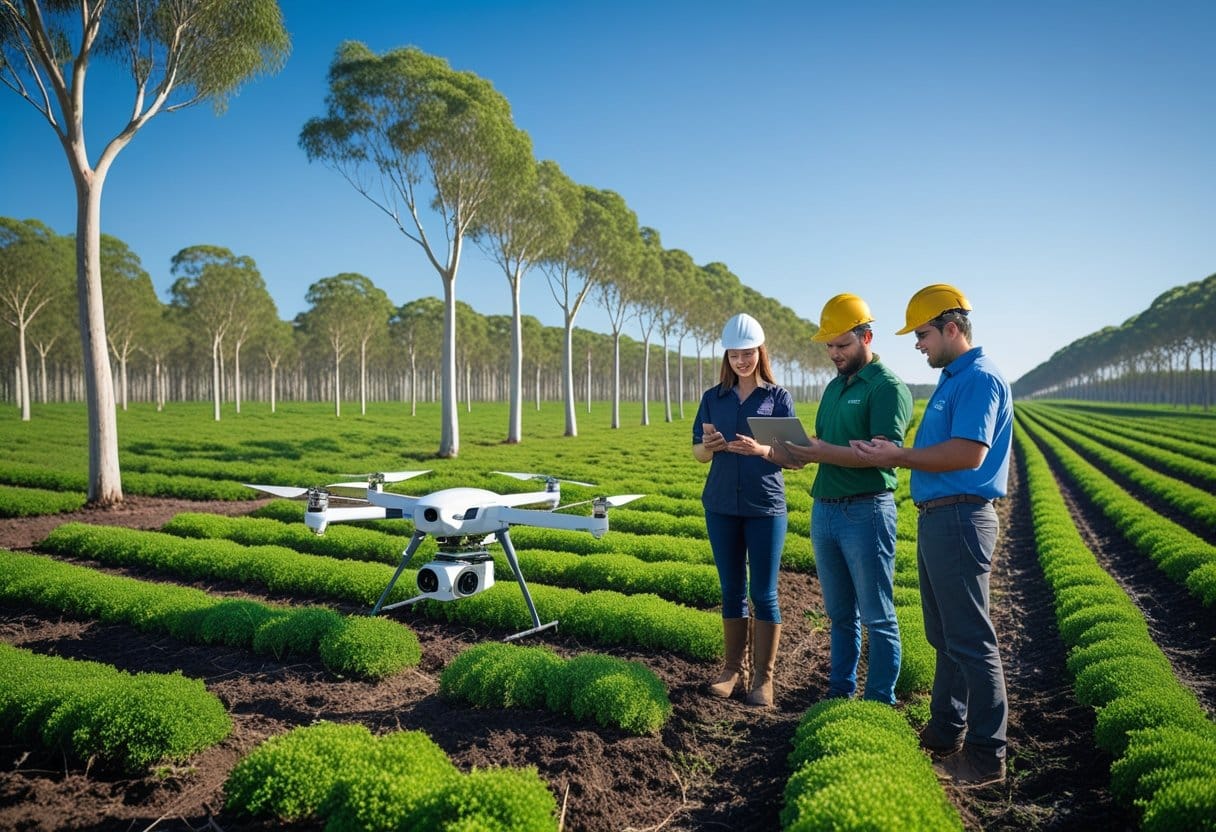 Eucalipto: Profissionais agrícolas em uma plantação de eucalipto saudável, analisando amostras de solo e usando tecnologia moderna para manejo sustentável.