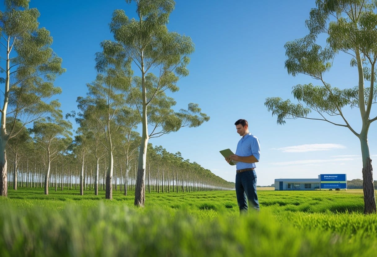 Eucalipto: Plantação de eucalipto saudável com uma pessoa examinando as árvores e elementos que sugerem apoio financeiro ao fundo.