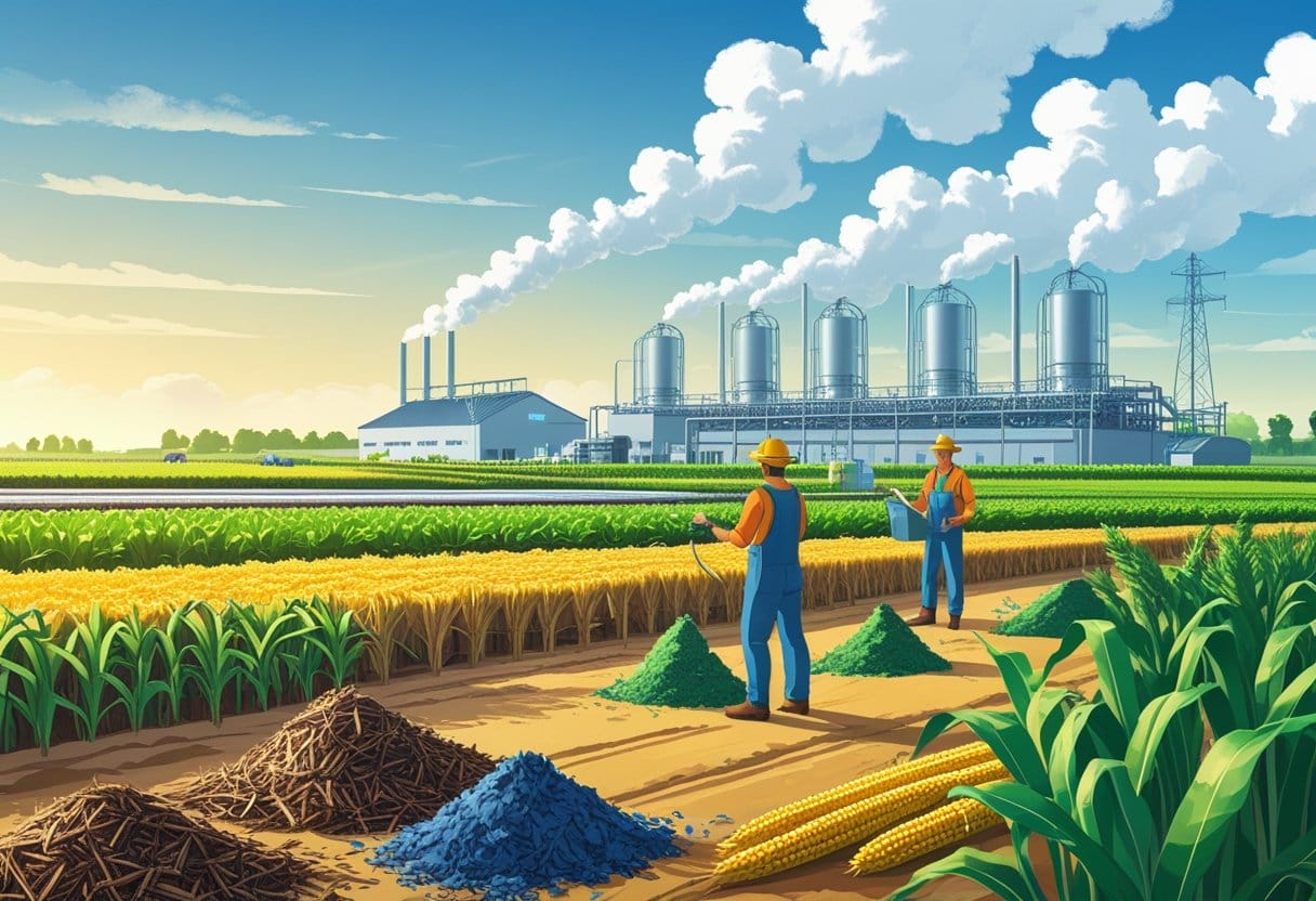 Biomassa: Paisagem agrícola mostrando plantações, resíduos de biomassa e uma instalação de bioenergia com agricultores trabalhando no campo.