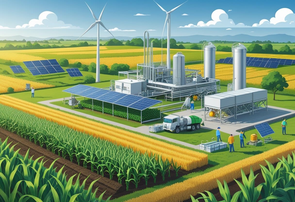 Biomassa: Paisagem agrícola com plantações saudáveis, uma instalação moderna de biomassa e pessoas trabalhando, destacando práticas sustentáveis no agronegócio.