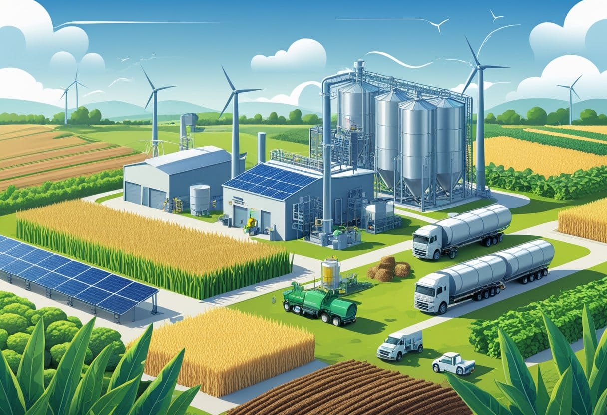 Biomassa: Paisagem agrícola com plantações, uma usina de biomassa processando material vegetal, painéis solares e turbinas eólicas ao fundo, mostrando a produção sustentável de energia para o agronegócio.