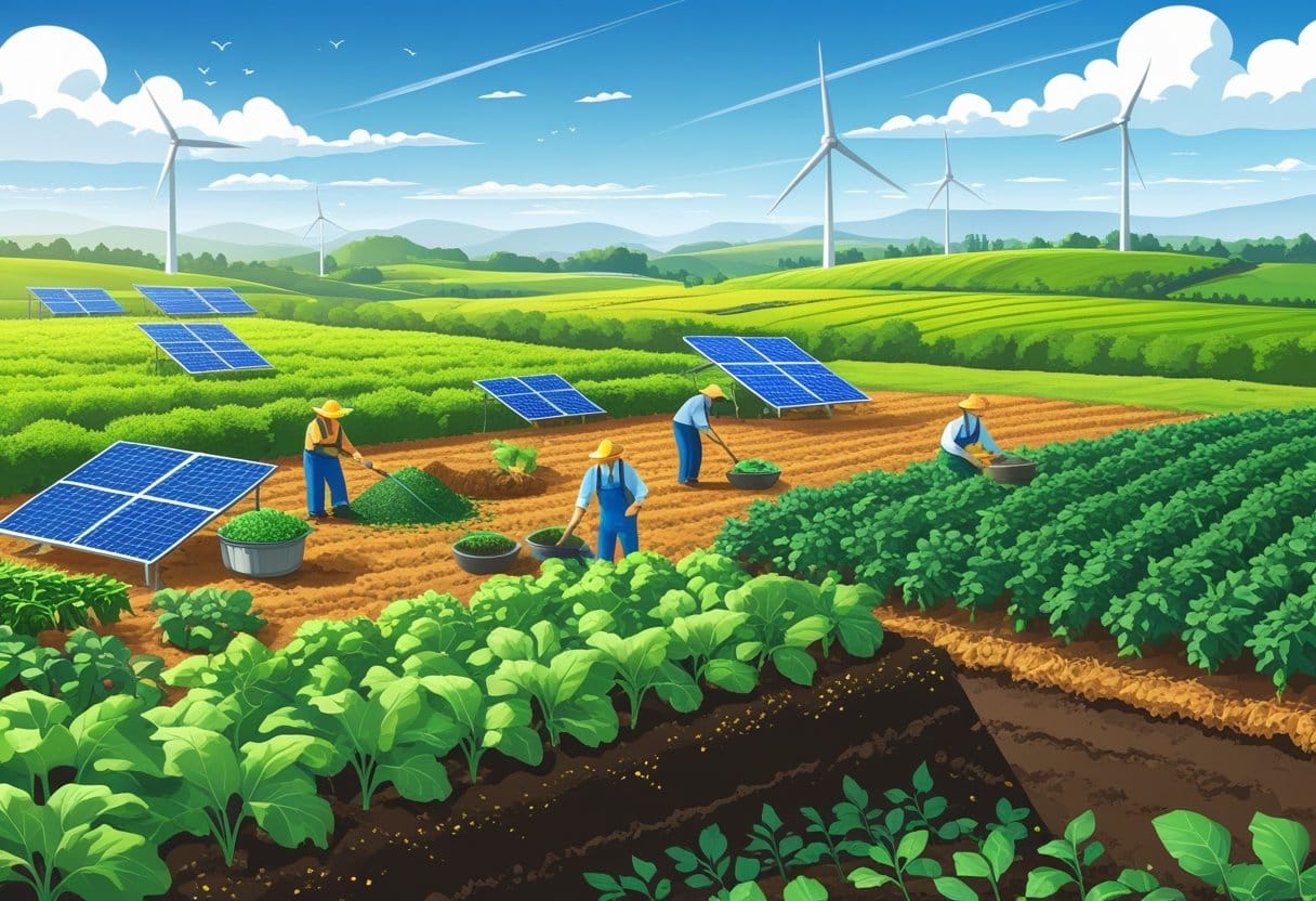 Biomassa: Paisagem agrícola com campos verdes, agricultores manuseando biomassa, painéis solares e turbinas eólicas ao fundo, representando sustentabilidade e meio ambiente.
