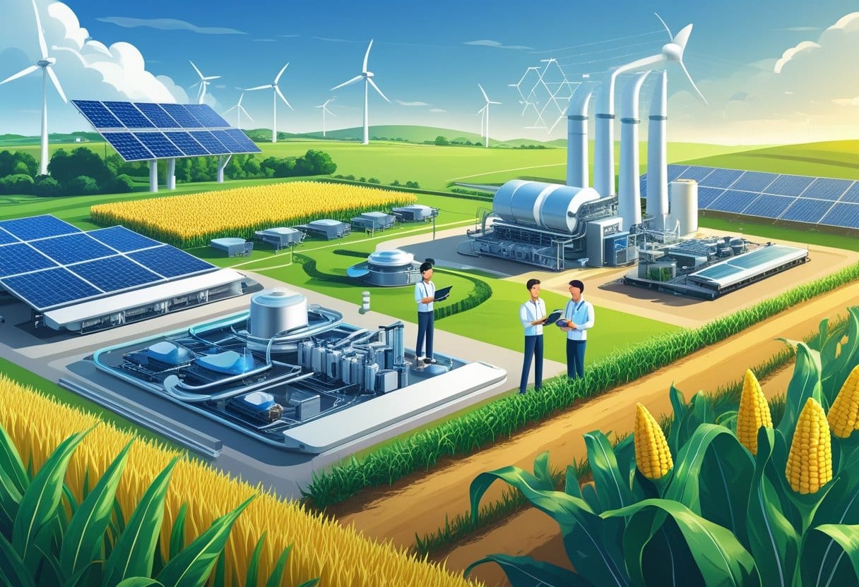 Biomassa: Paisagem agrícola moderna com plantações de milho e cana de açúcar, instalações de bioenergia, agricultores usando dispositivos tecnológicos, turbinas eólicas e painéis solares ao fundo.