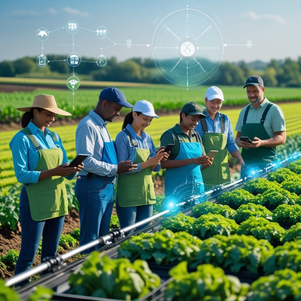 Cooperativismo: Grupo diversificado de agricultores familiares trabalhando juntos em uma paisagem agrícola com tecnologia moderna e elementos que representam redes de inovação.