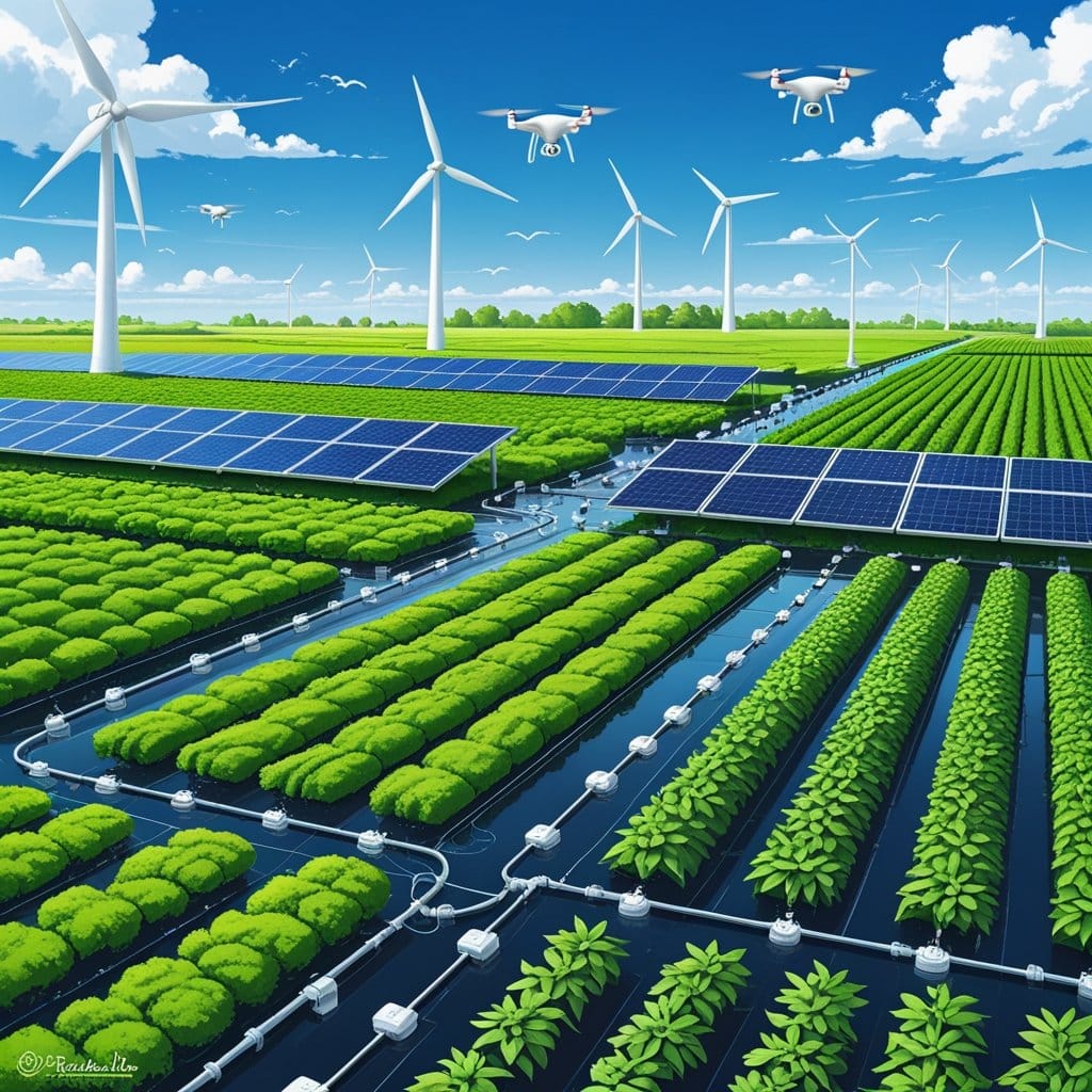 Agropecuária irrigada: Fazenda irrigada sustentável com plantações verdes, sistemas de irrigação modernos, painéis solares, turbinas eólicas e drones