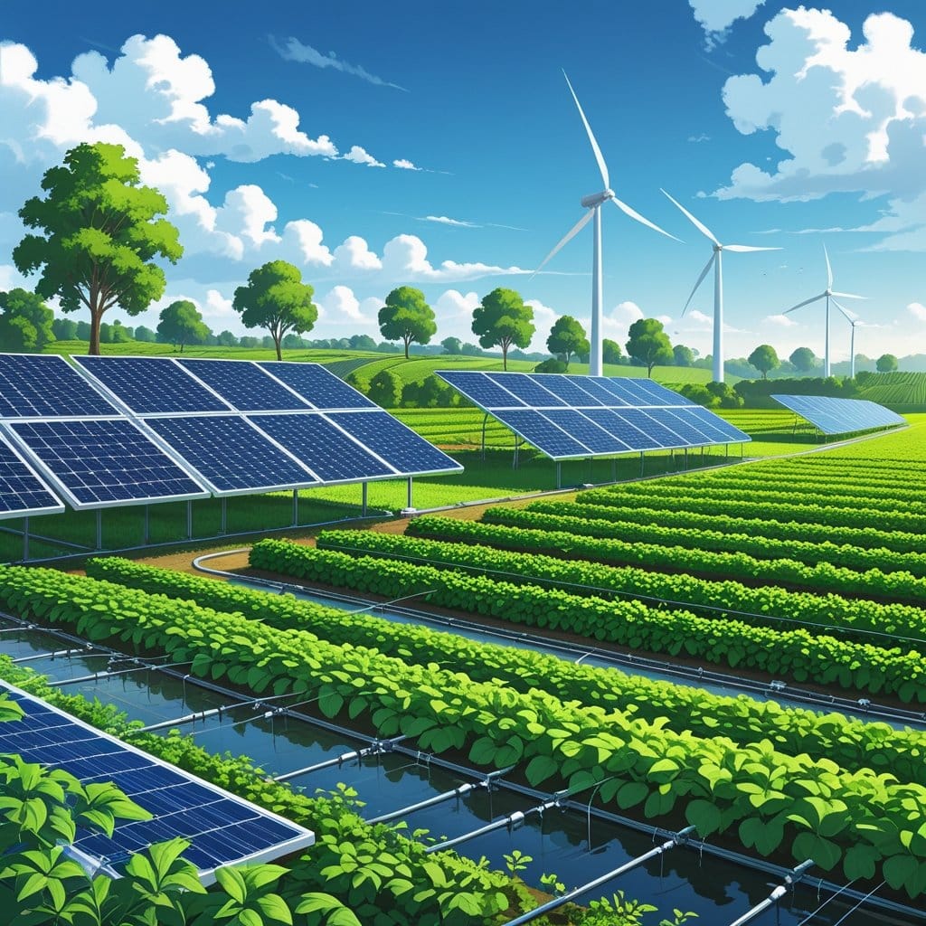 agropecuária irrigada: Fazenda irrigada sustentável com plantações verdes, sistemas de irrigação modernos, painéis solares, turbinas eólicas