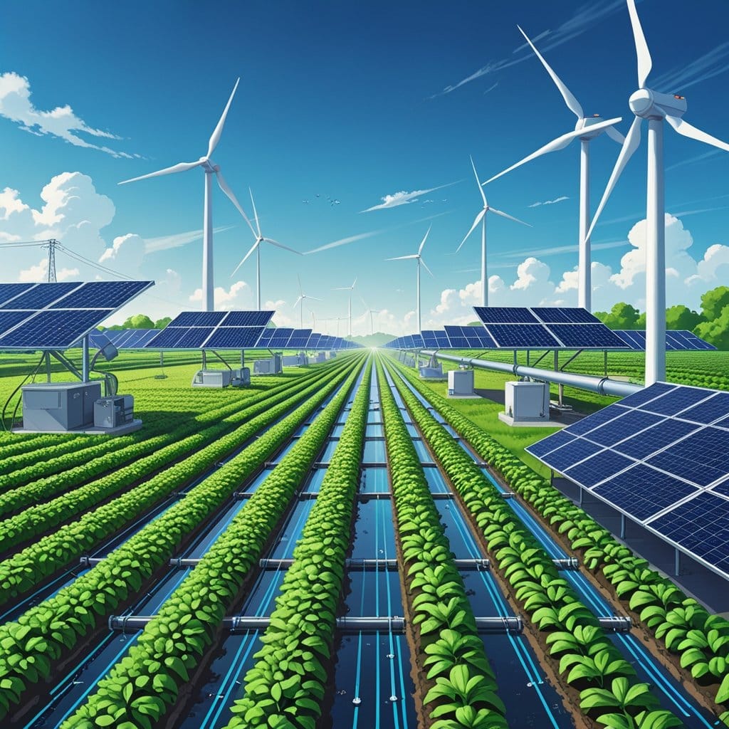 agropecuária irrigada: Fazenda irrigada sustentável com plantações verdes, sistemas de irrigação modernos, painéis solares, turbinas eólicas