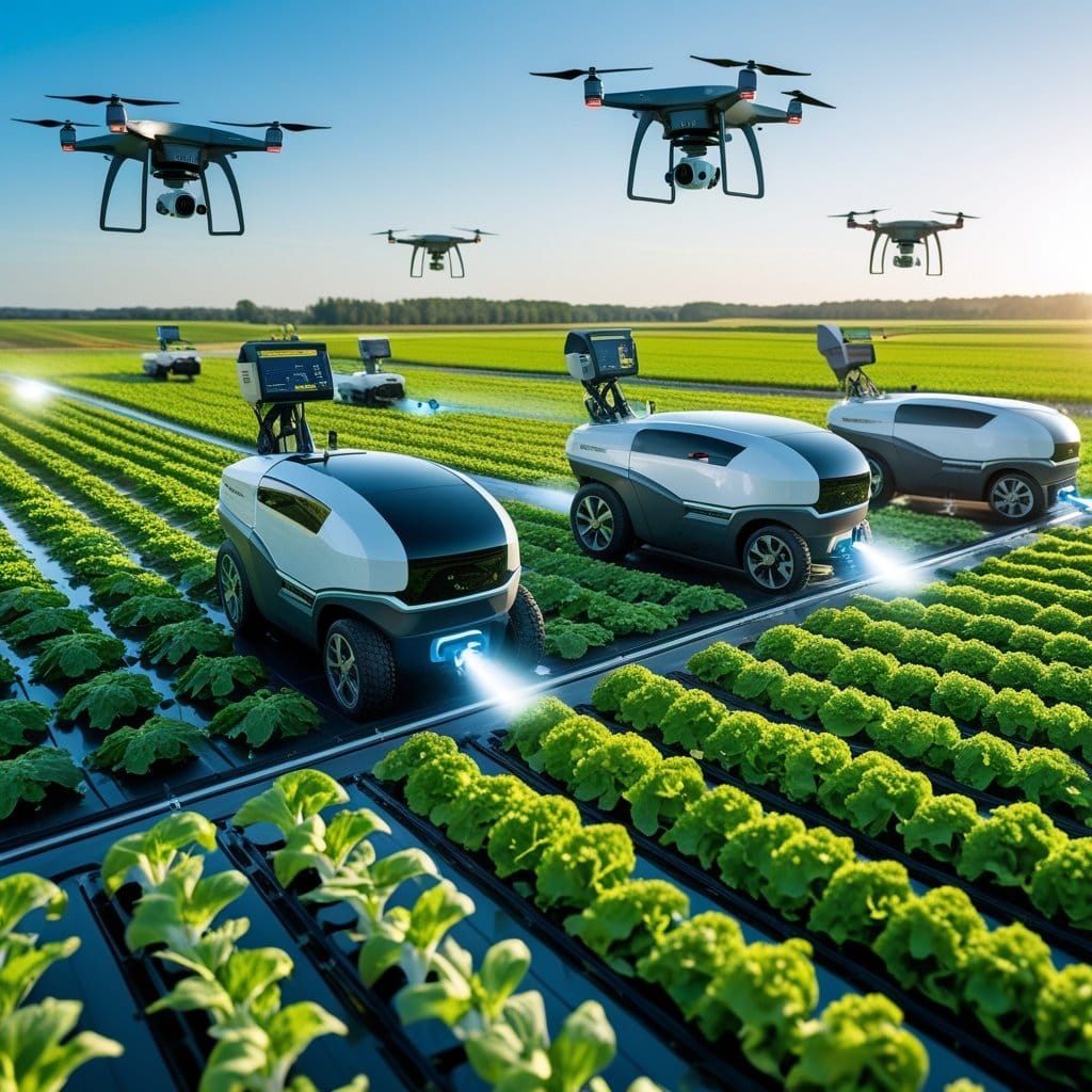Mecanização: Pequena fazenda rural com agricultores usando máquinas modernas, drones voando, painéis solares e sensores no solo, mostrando inovação na mecanização agrícola.