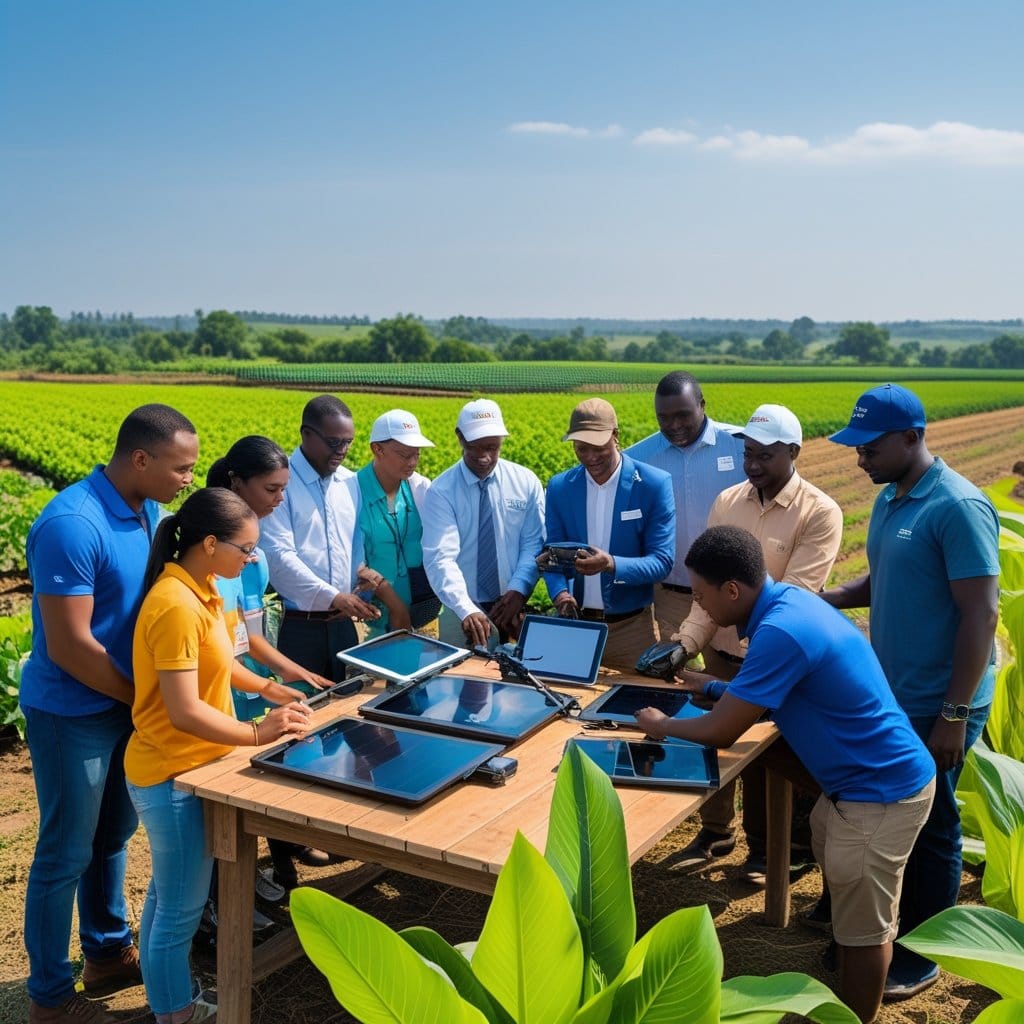 Educação tecnológica: Campo agrícola com máquinas modernas, agricultores usando dispositivos digitais e um centro de pesquisa agrícola ao fundo.