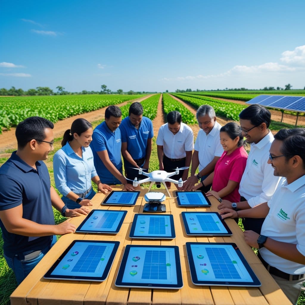 Educação tecnológica: Campo agrícola com máquinas modernas, agricultores usando dispositivos digitais e um centro de pesquisa agrícola ao fundo.